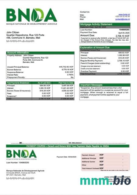 Mali Banque Nationale de Développement Agricole (BNDA) wyciąg z kredytu hipotecznego szablon Word i PDF